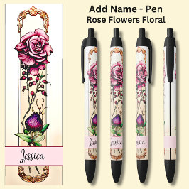 Caneta Preta Nome Rosa e Creme Flor Rosa Floral Flores