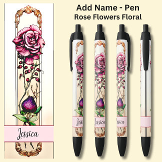 Caneta Preta Nome Rosa e Creme Flor Rosa Floral Flores