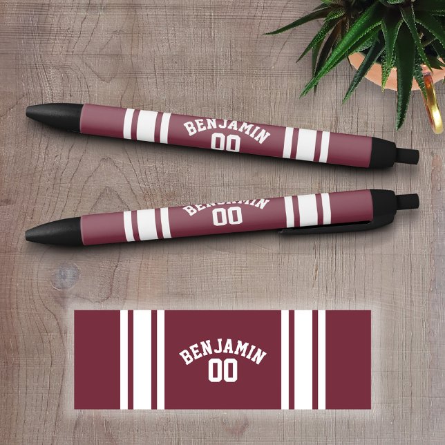 Caneta Preta Número de Nome Personalizado da Faixa Maroon e Whi (Personalized Writing Pens - add your name, monogram or other text)