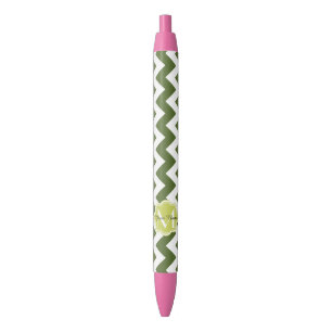 Caneta Preta Olive Chevron, Monograma Floral, Nome Personalizad