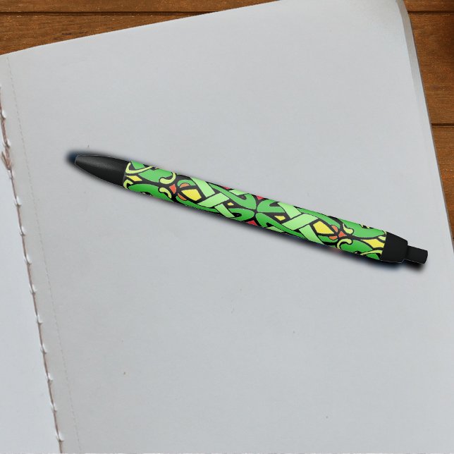 Caneta Preta Ornamentado Irlandês Celtic Knot (Abstract green, red black Celtic Irish knot design on writing pen.)