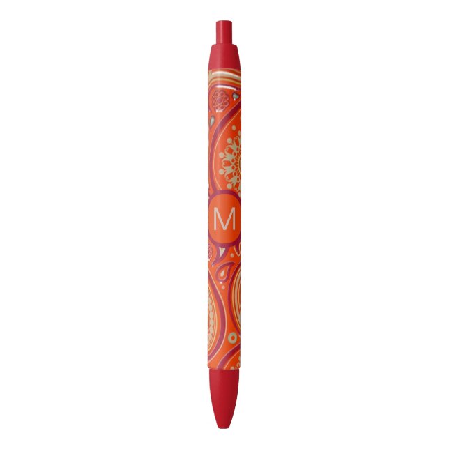 Caneta Preta Ornate Orange Paisley Pattern Monogram (Frente Vertical)