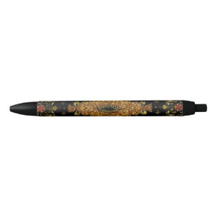 Caneta Preta Outono Preto e Dourado Floral