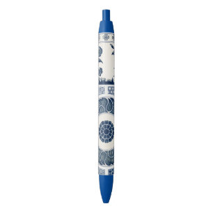Caneta Preta Padrão Antigo de Porcelana Azul e Branco Chinesa