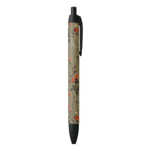 Caneta Preta Padrão Botânico de Rosa Laranja Floral Escura Vint