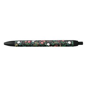 Caneta Preta Padrão Botânico Floral bonito de Aquarela