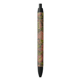 Caneta Preta Padrão Botânico Floral e Uvas Vermelho Antigo