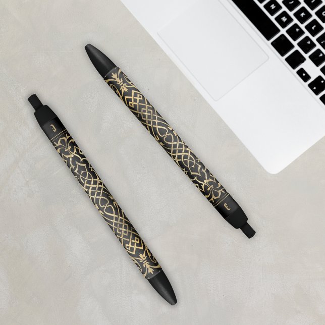 Caneta Preta Padrão Celta Elegante Monograma Dourado Preto Inic (Elegant Celtic Pattern Black Gold Monogram Initial Pen
)