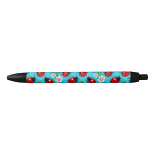 Caneta Preta Padrão Colorido de Joaninha com Flores