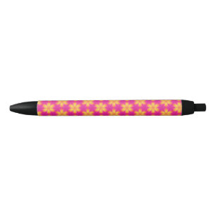Caneta Preta Padrão de Abstrato Floral Amarelo e Rosa Vibrante