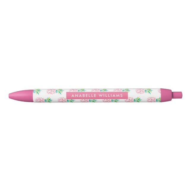 Caneta Preta Padrão de Ananás Rosa Girly (Frente)