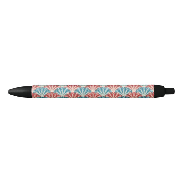 Caneta Preta Padrão de Cauda Pavão Vermelho e Azul (Frente)