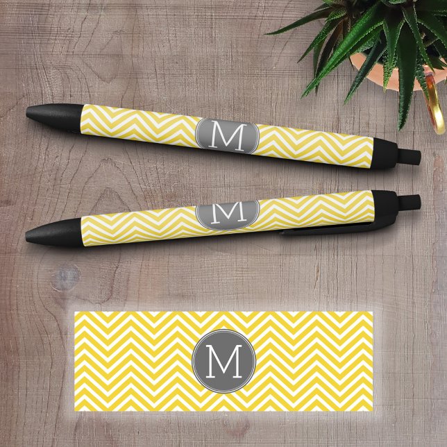 Caneta Preta Padrão de Divisa Amarelo e Cinza com Monograma (Personalized Writing Pens)
