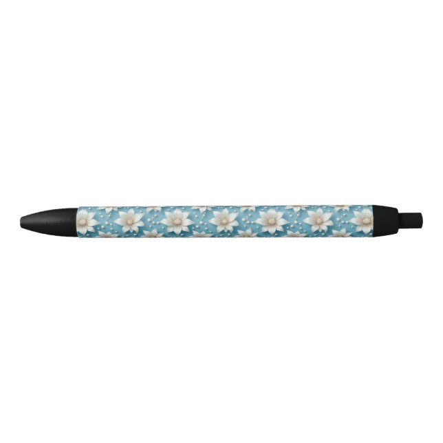 Caneta Preta Padrão de Flor Branca Elegante Com Pérolas (Frente)