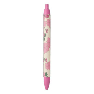 Caneta Preta Padrão de Flor Rosa Fofa Feminina