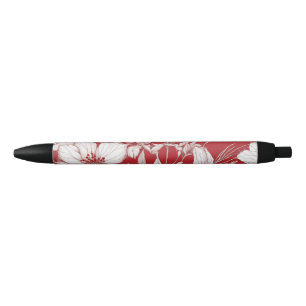Caneta Preta Padrão de flores brancas e vermelhas botânicas