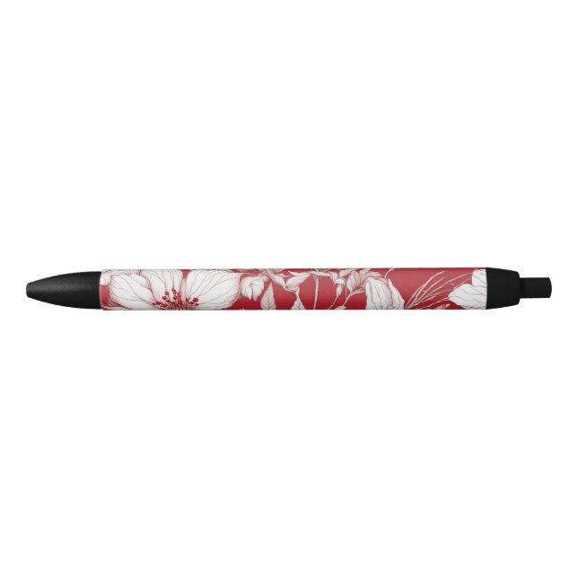 Caneta Preta Padrão de flores brancas e vermelhas botânicas (Frente)