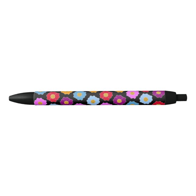 Caneta Preta Padrão de flores coloridas (Frente)