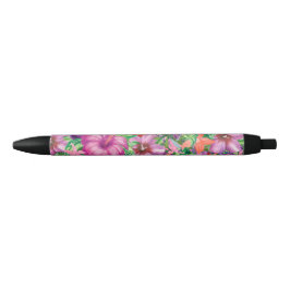 Caneta Preta Padrão de Flores Tropicais Elegante