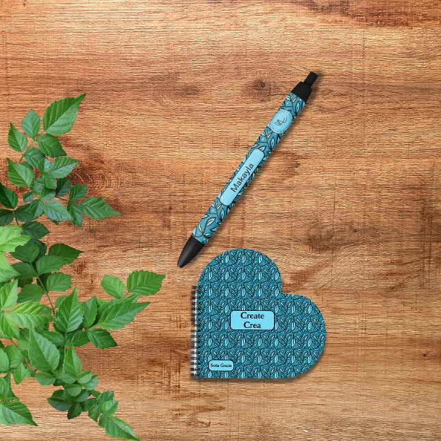 Caneta Preta Padrão de Folhas Azuis com Presente de Nome e Logo (Blue leaves pen, gift pen for customers or clients, colleagues, bilingual. multilingual project)