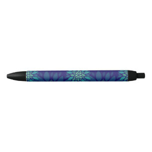 Caneta Preta Padrão de Folhas Florais Azul Naval e Verde Modern