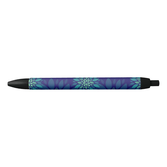 Caneta Preta Padrão de Folhas Florais Azul Naval e Verde Modern (Frente)