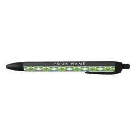 Caneta Preta Padrão de Folhas, Folhas Verdes, Seu Nome