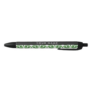 Caneta Preta Padrão de Folhas, Folhas Verdes, Seu Nome
