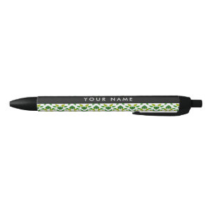 Caneta Preta Padrão de Folhas, Folhas Verdes, Seu Nome