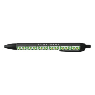 Caneta Preta Padrão de Folhas, Folhas Verdes, Seu Nome