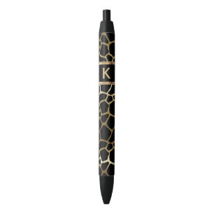 Caneta Preta Padrão de Girafa Preto e Dourado Monograma