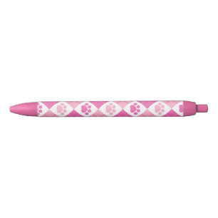 Caneta Preta Padrão de Impressão de Paw do Argyle Rosa