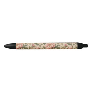 Caneta Preta Padrão de Jardim de Peônia e Rosa Romântico Vintag