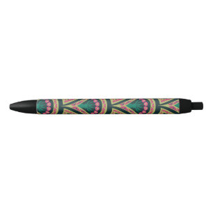Caneta Preta Padrão de leque floral rosa e verde