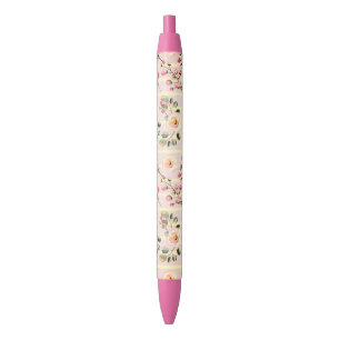 Caneta Preta Padrão de Listra Floral Rosa Suave