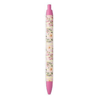 Caneta Preta Padrão de Listra Floral Rosa Suave