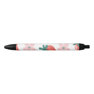Caneta Preta Padrão de morango e flor