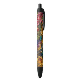 Caneta Preta Padrão de Pássaros Florais da Galáxia