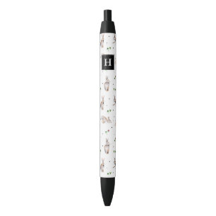 Caneta Preta Padrão de trevo branco fofo com coelhinhos coelhos