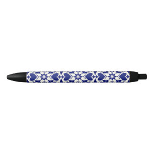 Caneta Preta Padrão Floral Azul e Branco Elegante
