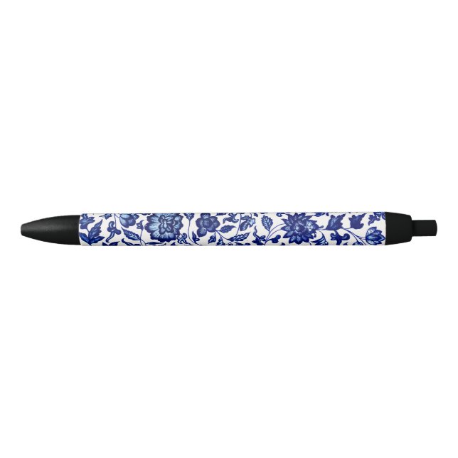 Caneta Preta Padrão floral azul-marinho chinês em branco (Frente)