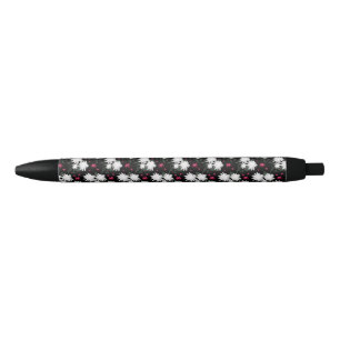 Caneta Preta Padrão Floral Branco Elegante em Fundo Preto