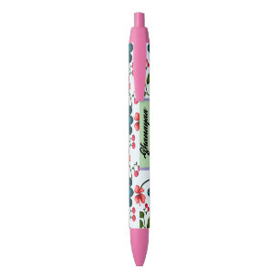 Caneta Preta Padrão Floral Cereja Tropical de Tartaruga Persona