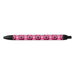 Caneta Preta Padrão Floral Com Lótus Rosa e Branco Vibrante
