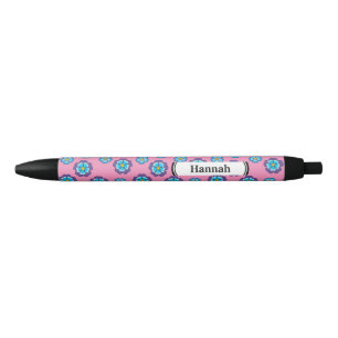 Caneta Preta Padrão Floral Cor-de-Rosa Azul   Personalizar