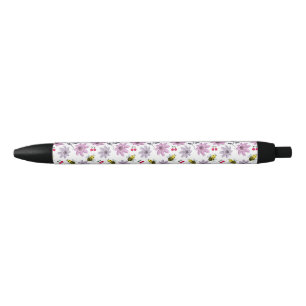 Caneta Preta Padrão Floral de Abelha Fofa Estética Cottagecore