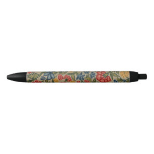 Caneta Preta Padrão Floral de Crewel Vermelho e Dourado Vintage