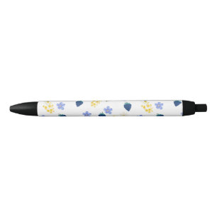 Caneta Preta Padrão Floral de Flor Silvestre e Amora