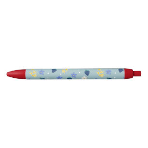 Caneta Preta Padrão Floral de Flor Silvestre e Amora