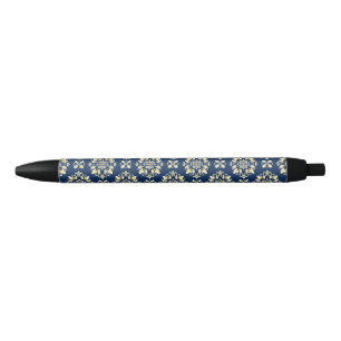 Caneta Preta Padrão Floral Elegante com Acentos Dourados